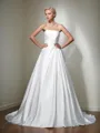 Cinderella Ball-Gown Strapless Sleeveless Chapel Train Satin Wedding Dress With Ruched