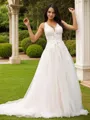 A-line V-Neck Timeless Sleeveless Court Train Tulle Wedding Dresses