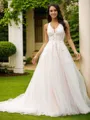 A-line V-Neck Timeless Sleeveless Court Train Tulle Wedding Dresses