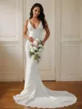 Sheath/Column V-Neck Bold Sleeveless Court Train Stretch Crepe Wedding Dresses