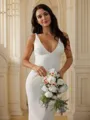 Sheath/Column V-Neck Bold Sleeveless Court Train Stretch Crepe Wedding Dresses
