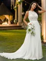 A-line Scoop Subtle Sleeveless Sweep Train Chiffon Wedding Dresses