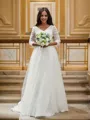 A-line Sweetheart Perfect 3/4 Sleeves Sweep Train Tulle Wedding Dresses