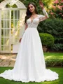 A-line V-Neck Long Sleeves Sweep Train Timeless Chiffon Wedding Dresses