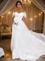 A-line Flowing Off-the-Shoulder Sleeveless Sweep Train Organza Wedding Dresses
