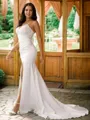 Sheath/Column V-Neck Curve-enhancing Sleeveless Sweep Train Stretch Crepe Wedding Dresses