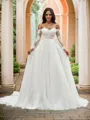 A-line Dreamy Off-the-Shoulder Long Sleeves Sweep Train Tulle Wedding Dresses