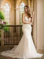 Trumpet/Mermaid V-Neck Dramatic Sleeveless Cathedral Train Tulle Wedding Dresses