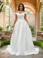A-line Off-the-Shoulder Sleeveless Court Train Fashion Satin Wedding Dresses