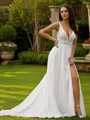 A-line V-Neck Feminine Sleeveless Sweep Train Chiffon Wedding Dresses