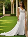 A-line V-Neck Feminine Sleeveless Sweep Train Chiffon Wedding Dresses