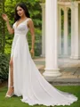 A-line V-Neck Feminine Sleeveless Sweep Train Chiffon Wedding Dresses