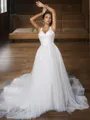 A-line V-Neck Sleeveless Chapel Train Tulle Timeless Wedding Dresses
