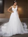 A-line V-Neck Sleeveless Chapel Train Tulle Timeless Wedding Dresses