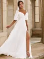 A-line Off-the-Shoulder Charming 1/2 Sleeves Floor-Length Chiffon Wedding Dresses