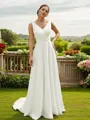 A-line V-Neck Graceful Sleeveless Floor-Length Chiffon Wedding Dresses
