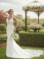 Sheath/Column V-Neck Refined Sleeveless Cathedral Train Stretch Crepe Wedding Dresses