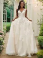 A-line V-Neck Sleeveless Sweep Train Tulle Unique Wedding Dresses