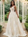 A-line V-Neck Sleeveless Sweep Train Tulle Unique Wedding Dresses