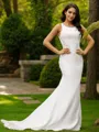 Sheath/Column Scoop Body-revealing Sleeveless Sweep Train Stretch Crepe Wedding Dresses