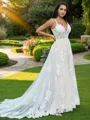 A-line V-Neck Sleeveless Sweep Train Elegant Lace Wedding Dresses