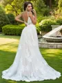 A-line V-Neck Sleeveless Sweep Train Elegant Lace Wedding Dresses