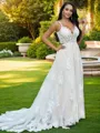 A-line V-Neck Sleeveless Sweep Train Elegant Lace Wedding Dresses