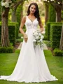 A-line V-Neck Chic Sleeveless Court Train Chiffon Wedding Dresses