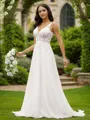 A-line V-Neck Chic Sleeveless Court Train Chiffon Wedding Dresses