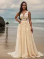 Pretty A-line V-Neck Sleeveless Sweep Train Tulle Wedding Dresses