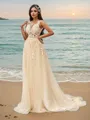 Pretty A-line V-Neck Sleeveless Sweep Train Tulle Wedding Dresses