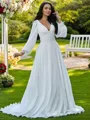 A-line V-Neck Long Sleeves Sweep Train Simple Chiffon Wedding Dresses