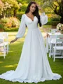 A-line V-Neck Long Sleeves Sweep Train Simple Chiffon Wedding Dresses