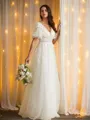 A-line V-Neck Flattering Short Sleeves Floor-Length Tulle Wedding Dresses