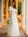 A-line V-Neck Flattering Short Sleeves Floor-Length Tulle Wedding Dresses