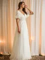 A-line V-Neck Flattering Short Sleeves Floor-Length Tulle Wedding Dresses
