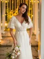 A-line V-Neck Flattering Short Sleeves Floor-Length Tulle Wedding Dresses