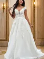A-line V-Neck Sleeveless Sweep Train Glam Tulle Wedding Dresses