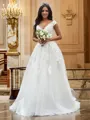 A-line V-Neck Sleeveless Sweep Train Glam Tulle Wedding Dresses
