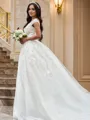 A-line V-Neck Sleeveless Sweep Train Glam Tulle Wedding Dresses
