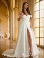 A-line Off-the-Shoulder Exquisite Sleeveless Chapel Train Satin Wedding Dresses