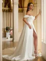 A-line Off-the-Shoulder Exquisite Sleeveless Chapel Train Satin Wedding Dresses