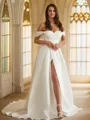 A-line Off-the-Shoulder Exquisite Sleeveless Chapel Train Satin Wedding Dresses