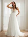 A-line V-Neck Beautiful Sleeveless Sweep Train Tulle Wedding Dresses