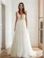 A-line V-Neck Beautiful Sleeveless Sweep Train Tulle Wedding Dresses