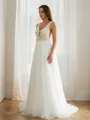 A-line V-Neck Beautiful Sleeveless Sweep Train Tulle Wedding Dresses