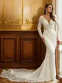 Sheath/Column V-Neck Graceful Long Sleeves Cathedral Train Stretch Crepe Wedding Dresses