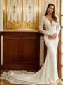 Sheath/Column V-Neck Graceful Long Sleeves Cathedral Train Stretch Crepe Wedding Dresses