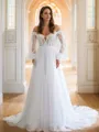 A-line Off-the-Shoulder Charming Long Sleeves Chapel Train Tulle Wedding Dresses
