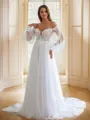 A-line Off-the-Shoulder Charming Long Sleeves Chapel Train Tulle Wedding Dresses